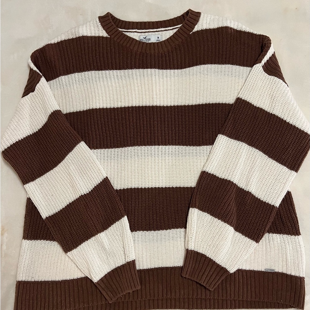 Hollister Women's Striped Crewneck Sweater - Brown and Cream